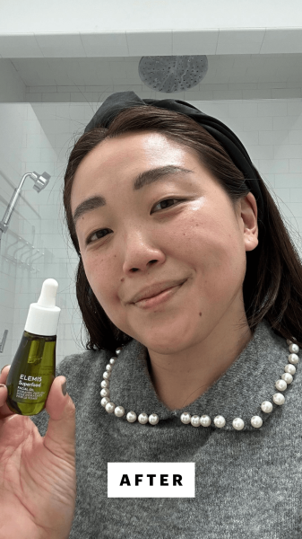 Lee after applying the Elemis Superfood Face Oil