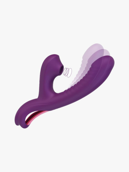 Tracy's Dog Come-Hither Rabbit Sucking Vibrator in branded component on a light gray background