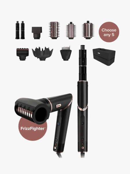Shark FlexStyle Air Styling & Drying System in branded component with multiple attachments on a light gray background