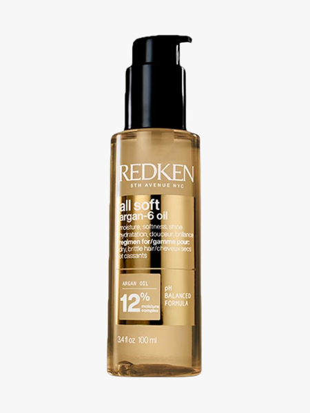 Redken All Soft Argan-6 Oil in branded component on a light gray background