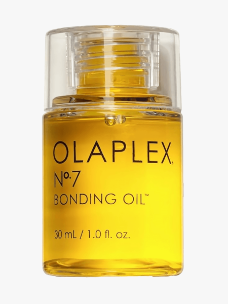 Olaplex No. 7 Bonding Hair Oil in branded component on a light gray background